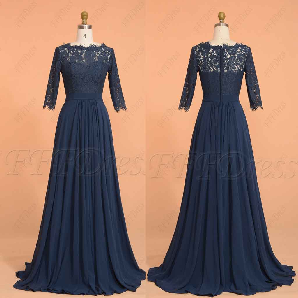 Navy blue modest prom dresses with ...